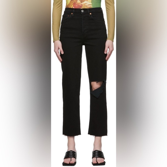 RE/DONE Black Noir Rip Knee 70's Stove Pipe High Rise Straight Leg Jeans EUC 26 - Picture 1 of 12